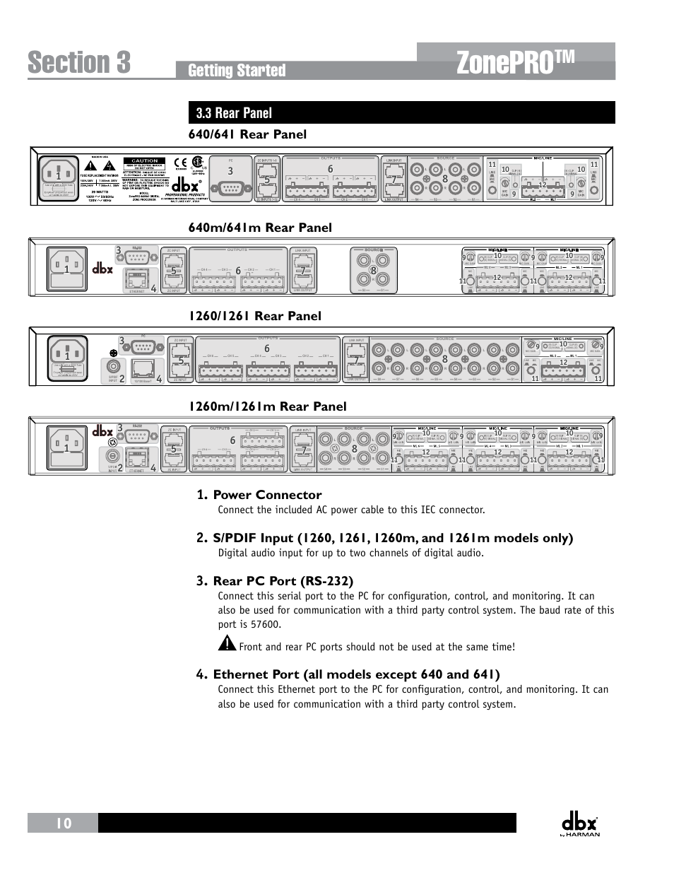 3 rear panel, Zonepro, Getting started | Power connector, Rear pc port (rs-232) | dbx ZonePRO InstallGuide User Manual | Page 16 / 60