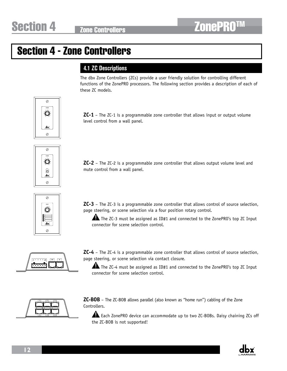 Section 4 - zone controllers, 1 zc descriptions, Zonepro | Zone controllers, Zc-1, Zc-2, Zc-3, Zc-4, Zc-bob | dbx ZonePRO InstallGuide User Manual | Page 18 / 60