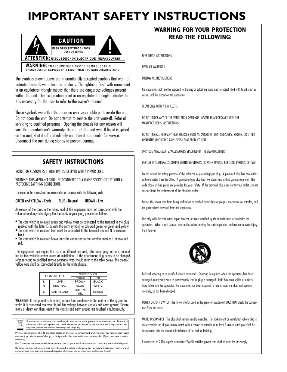 Important safety instructions, Safety instructions, Warning for your protection read the following | dbx ZonePRO InstallGuide User Manual | Page 2 / 60