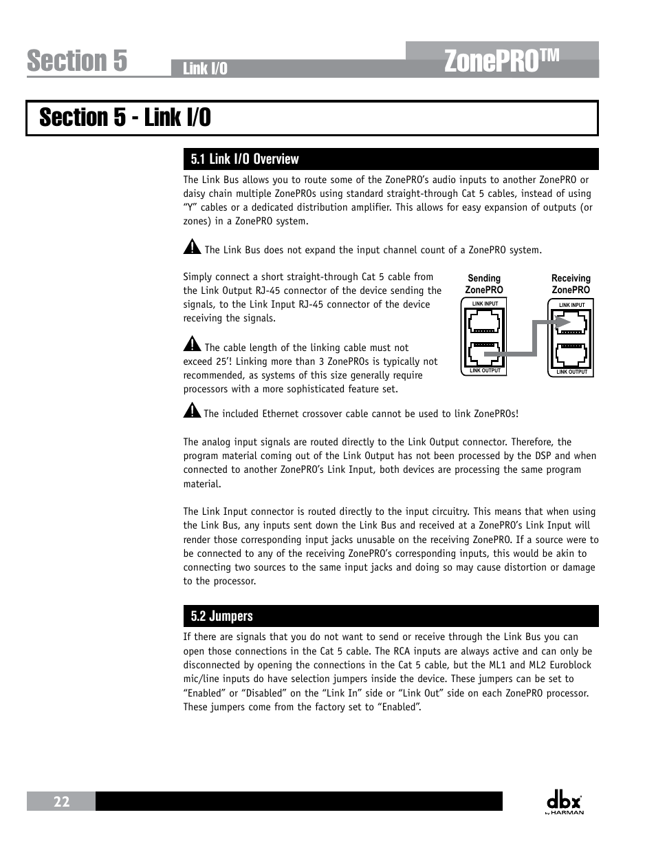 Section 5 - link i/o, 1 link i/o overview, 2 jumpers | 1 link i/o overview 5.2 jumpers, Zonepro, Link i/o | dbx ZonePRO InstallGuide User Manual | Page 28 / 60