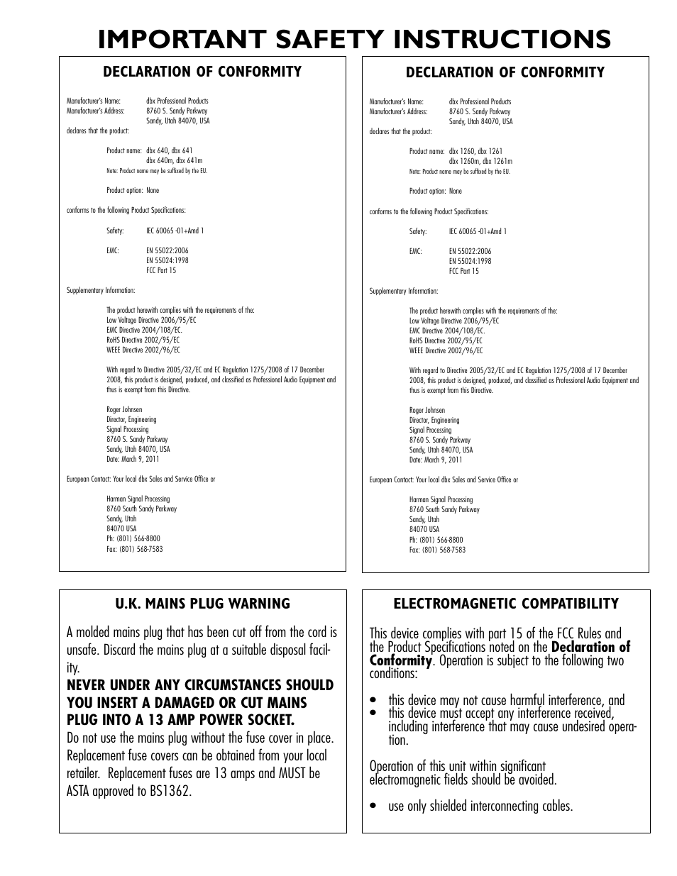 Important safety instructions, Electromagnetic compatibility, U.k. mains plug warning | Declaration of conformity | dbx ZonePRO InstallGuide User Manual | Page 3 / 60