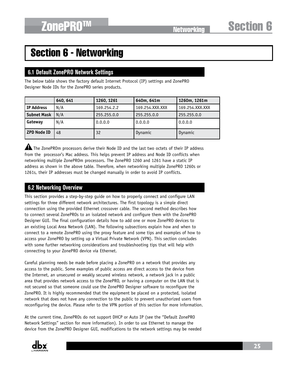 Section 6 - networking, 1 default zonepro network settings, 2 networking overview | Zonepro, Networking | dbx ZonePRO InstallGuide User Manual | Page 31 / 60