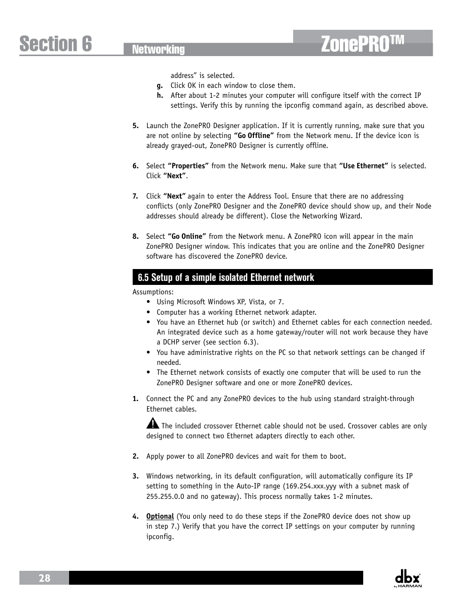 5 setup of a simple isolated ethernet network, Zonepro, Networking | dbx ZonePRO InstallGuide User Manual | Page 34 / 60