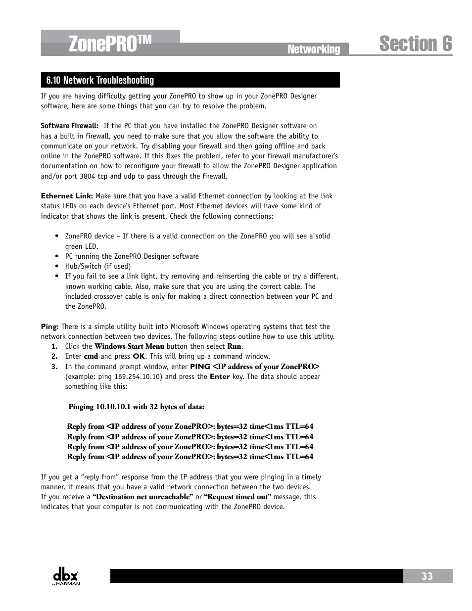 10 network troubleshooting, Zonepro, Networking | dbx ZonePRO InstallGuide User Manual | Page 39 / 60