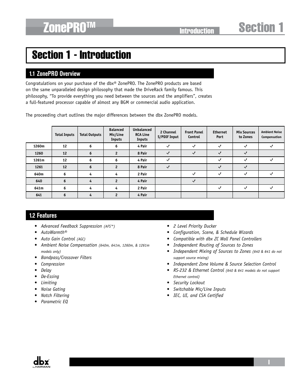 Section 1 - introduction, 1 zonepro overview, 2 features | 1 zonepro overview 1.2 features, Zonepro, Introduction | dbx ZonePRO InstallGuide User Manual | Page 7 / 60