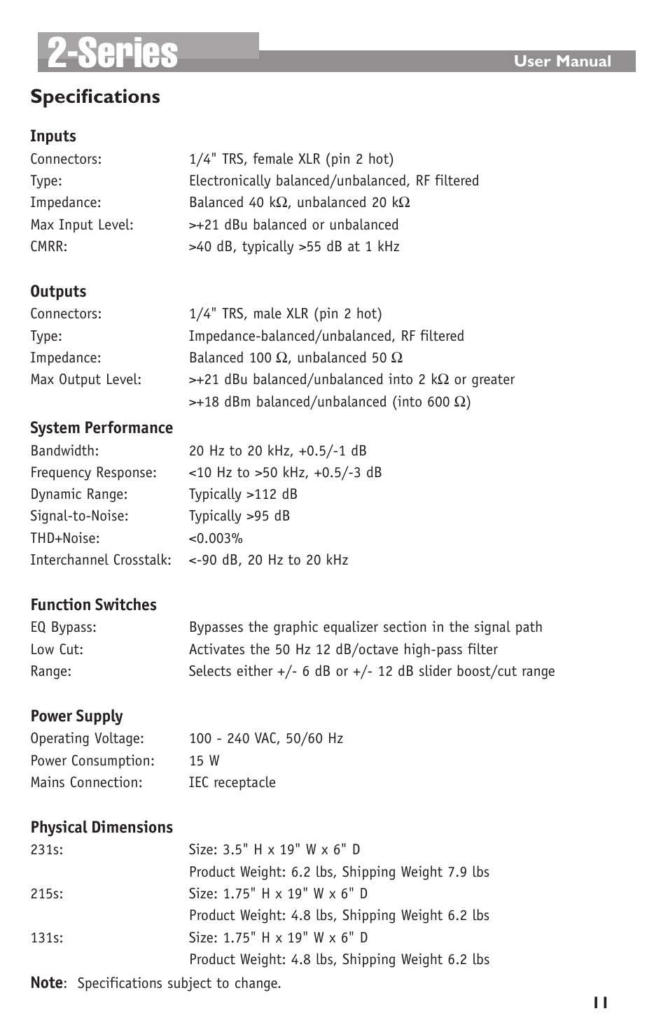 Series, Specifications | dbx 231s Equalizer User Manual | Page 11 / 12