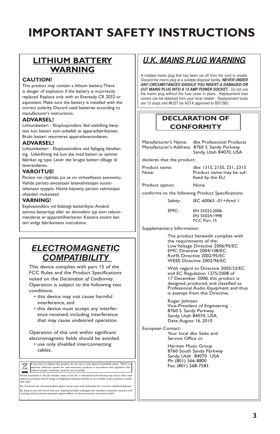 Important safety instructions, U.k. mains plug warning, Lithium battery warning | Electromagnetic compatibility, Declaration of conformity | dbx 231s Equalizer User Manual | Page 3 / 12