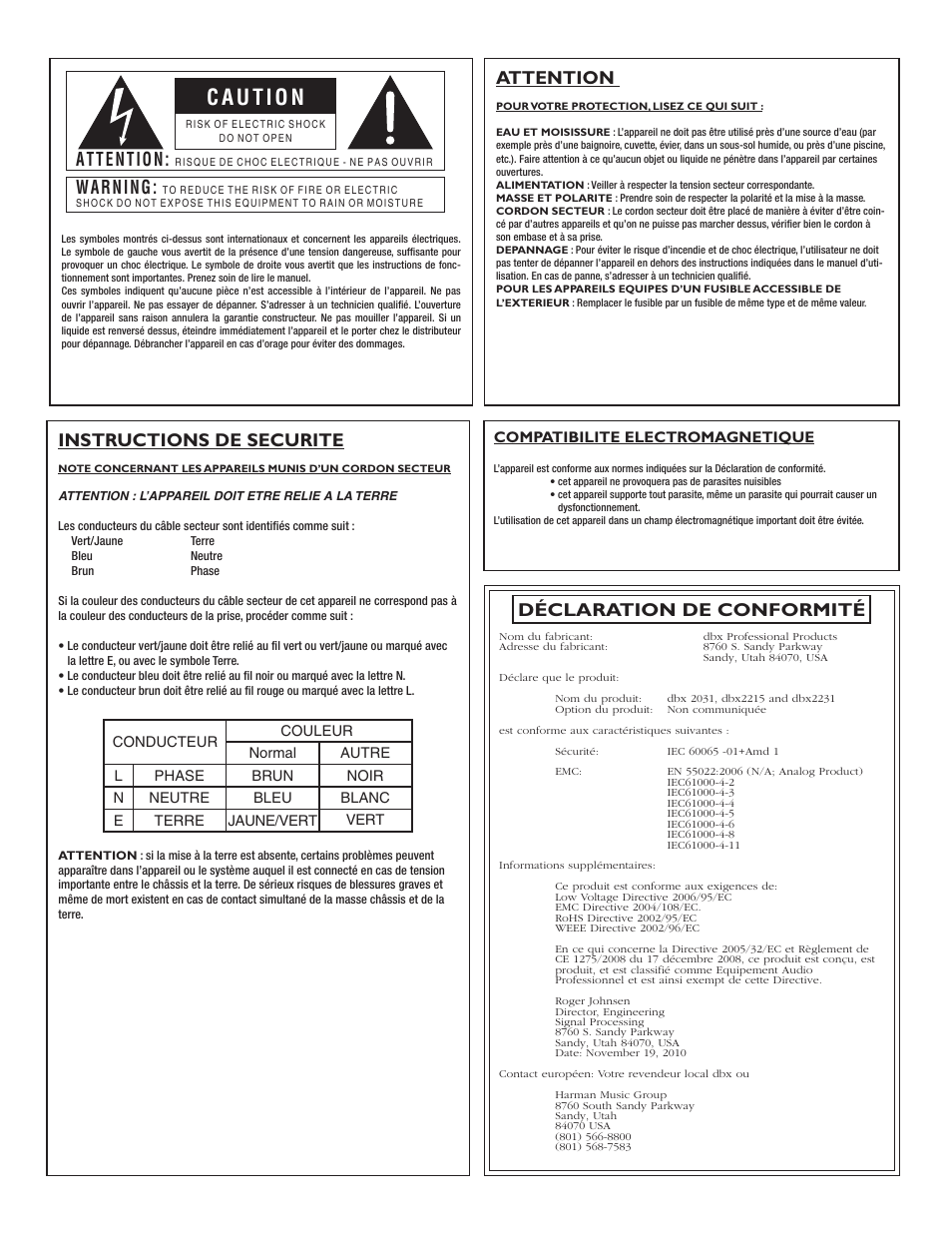Attention, Instructions de securite, Warning | Déclaration de conformité, Compatibilite electromagnetique | dbx 2031 Equalizer User Manual | Page 12 / 40