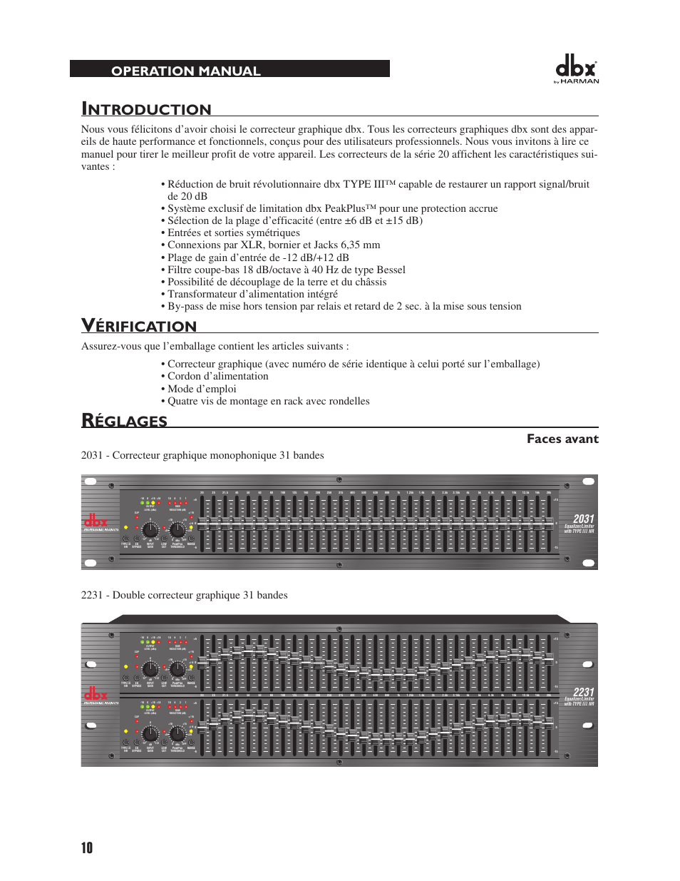 Ntroduction, Érification, Églages | Operation manual, Faces avant | dbx 2031 Equalizer User Manual | Page 14 / 40