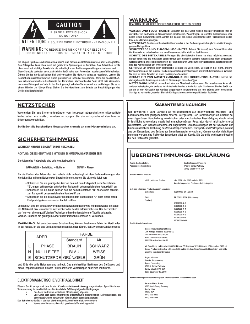 Warnung, Sicherheitshinweise, Netzstecker | Attention, Warning, Übereinstimmungs- erklärung, Elektromagnetische verträglichkeit, Arantiebedingungen | dbx 2031 Equalizer User Manual | Page 20 / 40