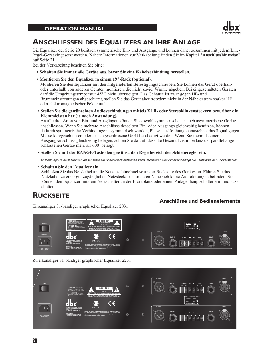 Nschliessen, Qualizers, Nlage | Ückseite, Operation manual, Anschlüsse und bedienelemente | dbx 2031 Equalizer User Manual | Page 24 / 40