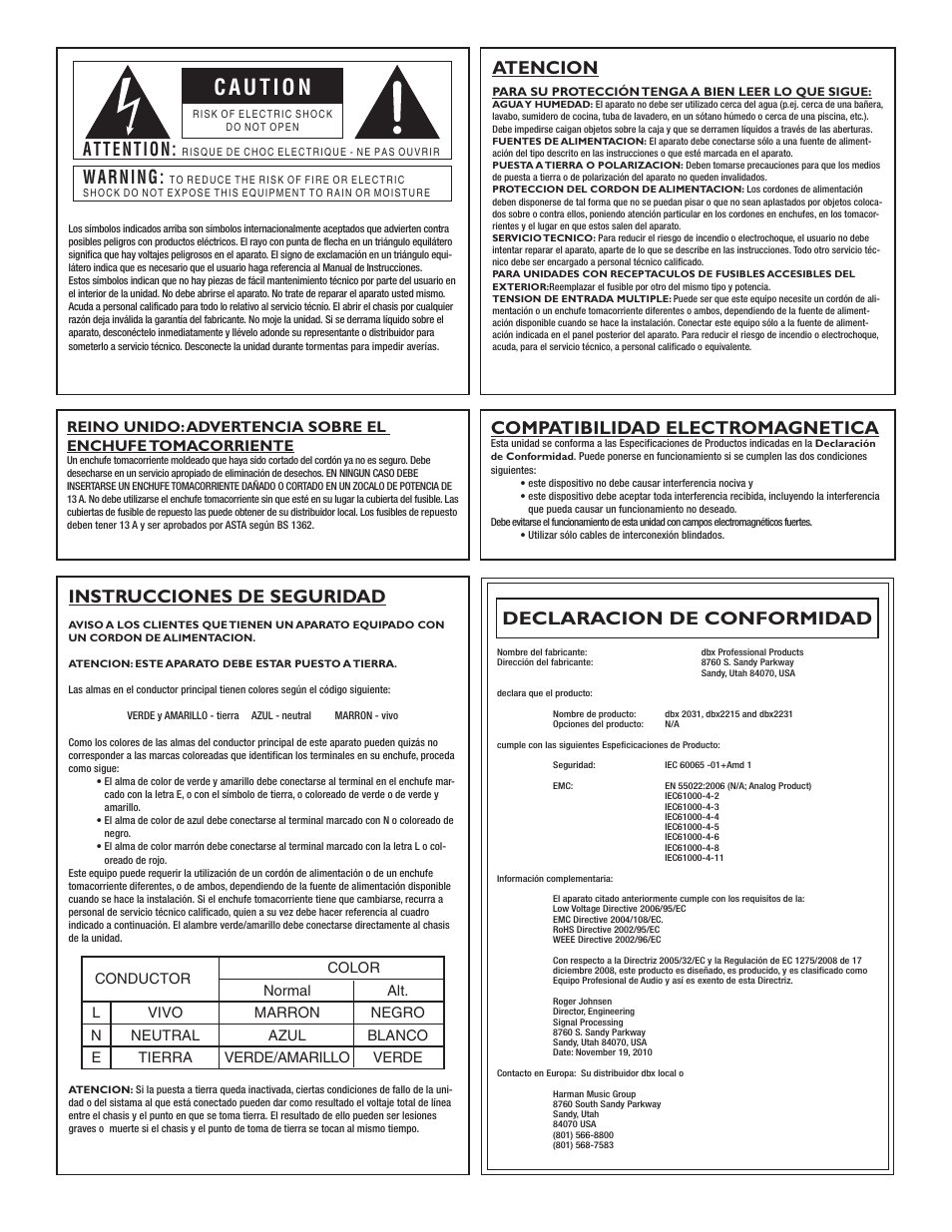 Atencion, Attention, Warning | Compatibilidad electromagnetica, Instrucciones de seguridad, Declaracion de conformidad | dbx 2031 Equalizer User Manual | Page 28 / 40