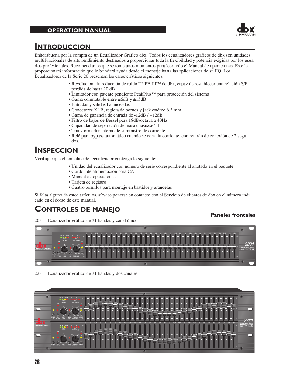 Ntroduccion, Nspeccion, Ontroles | Manejo, Operation manual, Paneles frontales | dbx 2031 Equalizer User Manual | Page 30 / 40