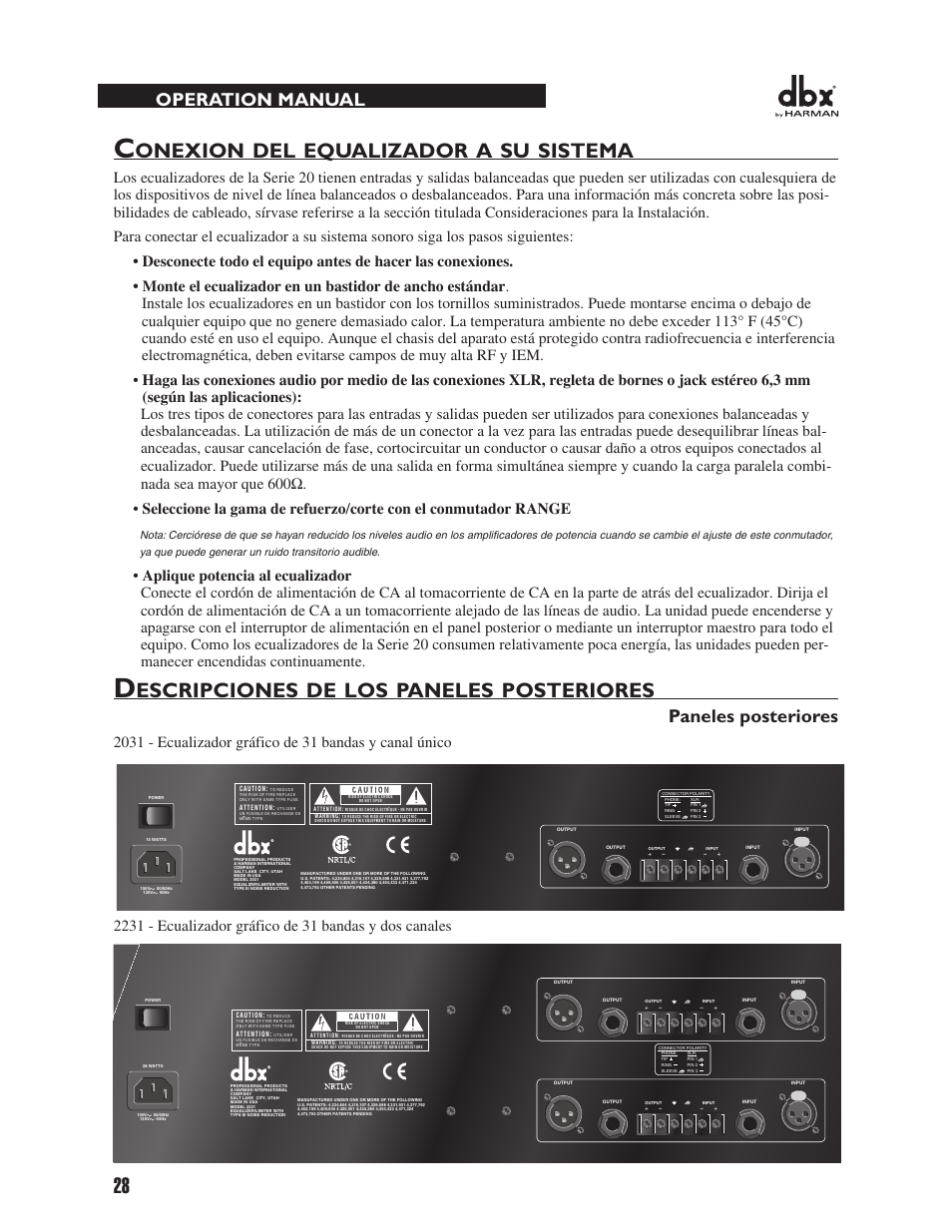 Onexion, Equalizador, Sistema | Escripciones, Paneles, Posteriores, Operation manual, Paneles posteriores | dbx 2031 Equalizer User Manual | Page 32 / 40