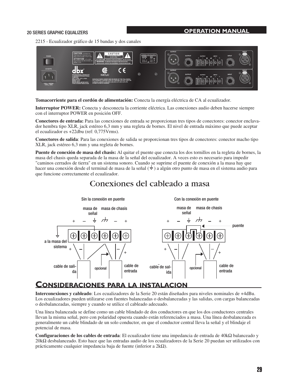 Conexiones del cableado a masa, Onsideraciones, Para | Instalacion, Operation manual, Wiring connections with ground | dbx 2031 Equalizer User Manual | Page 33 / 40