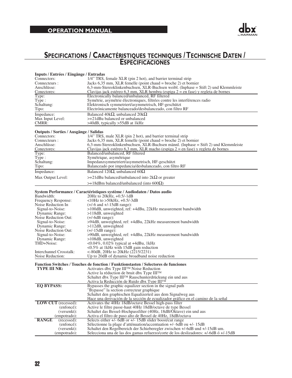 Pecifications, Aractéristiques, Techniques | Echnische, Aten, Specificaciones | dbx 2031 Equalizer User Manual | Page 36 / 40