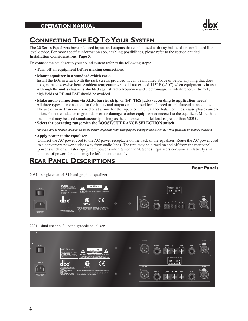 Eq t, Onnecting, Ystem | Anel, Escriptions, Operation manual, Rear panels | dbx 2031 Equalizer User Manual | Page 8 / 40