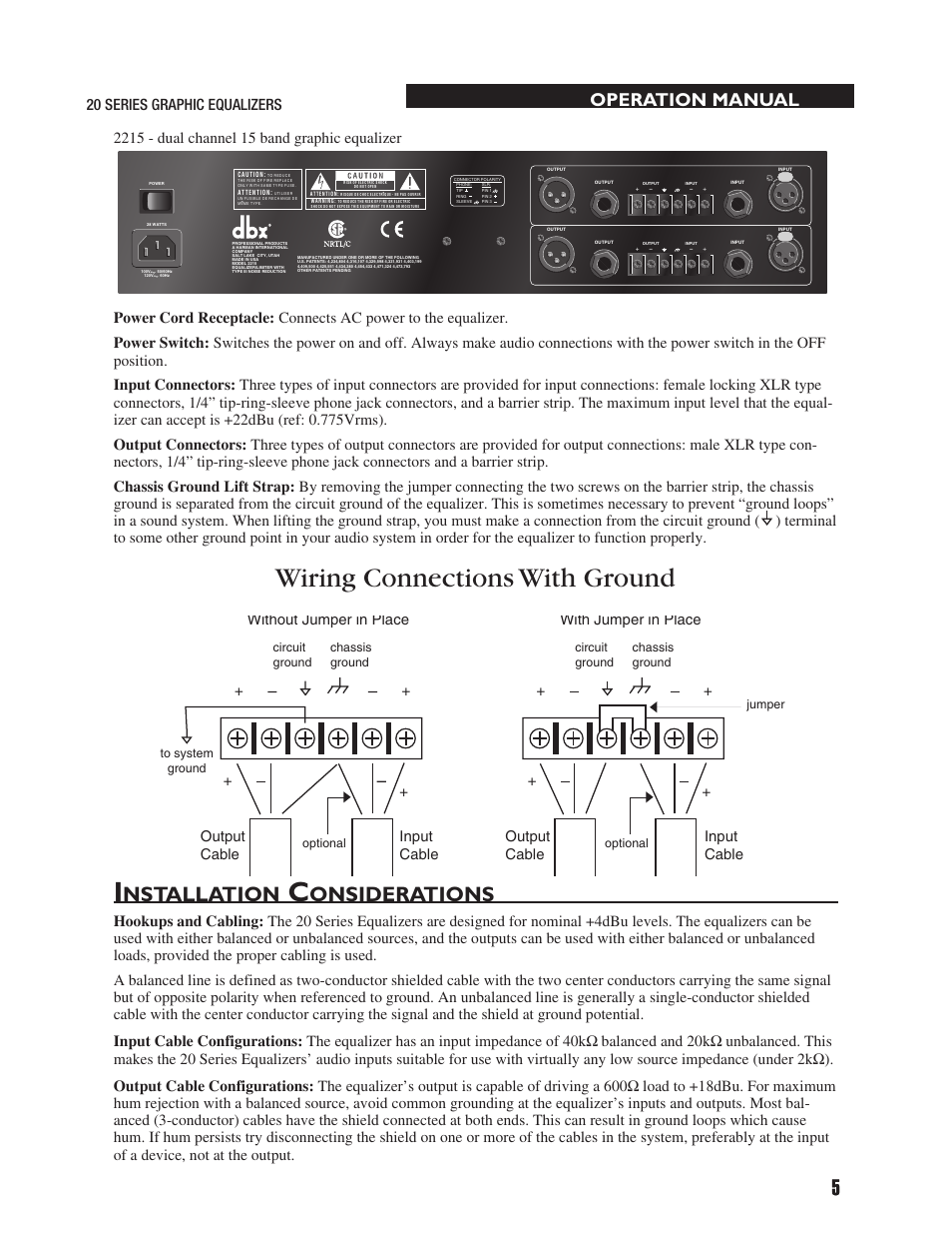 Nstallation, Onsiderations, Operation manual | Wiring connections with ground | dbx 2031 Equalizer User Manual | Page 9 / 40