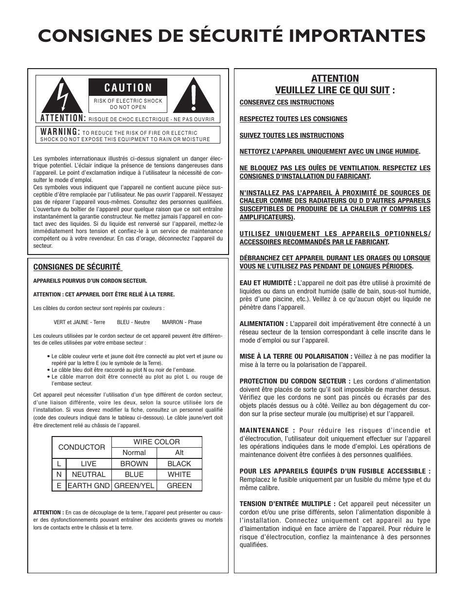 Consignes de sécurité importantes, Attention veuillez lire ce qui suit, Attention | Warning | dbx 1231 Equalizer User Manual | Page 12 / 44