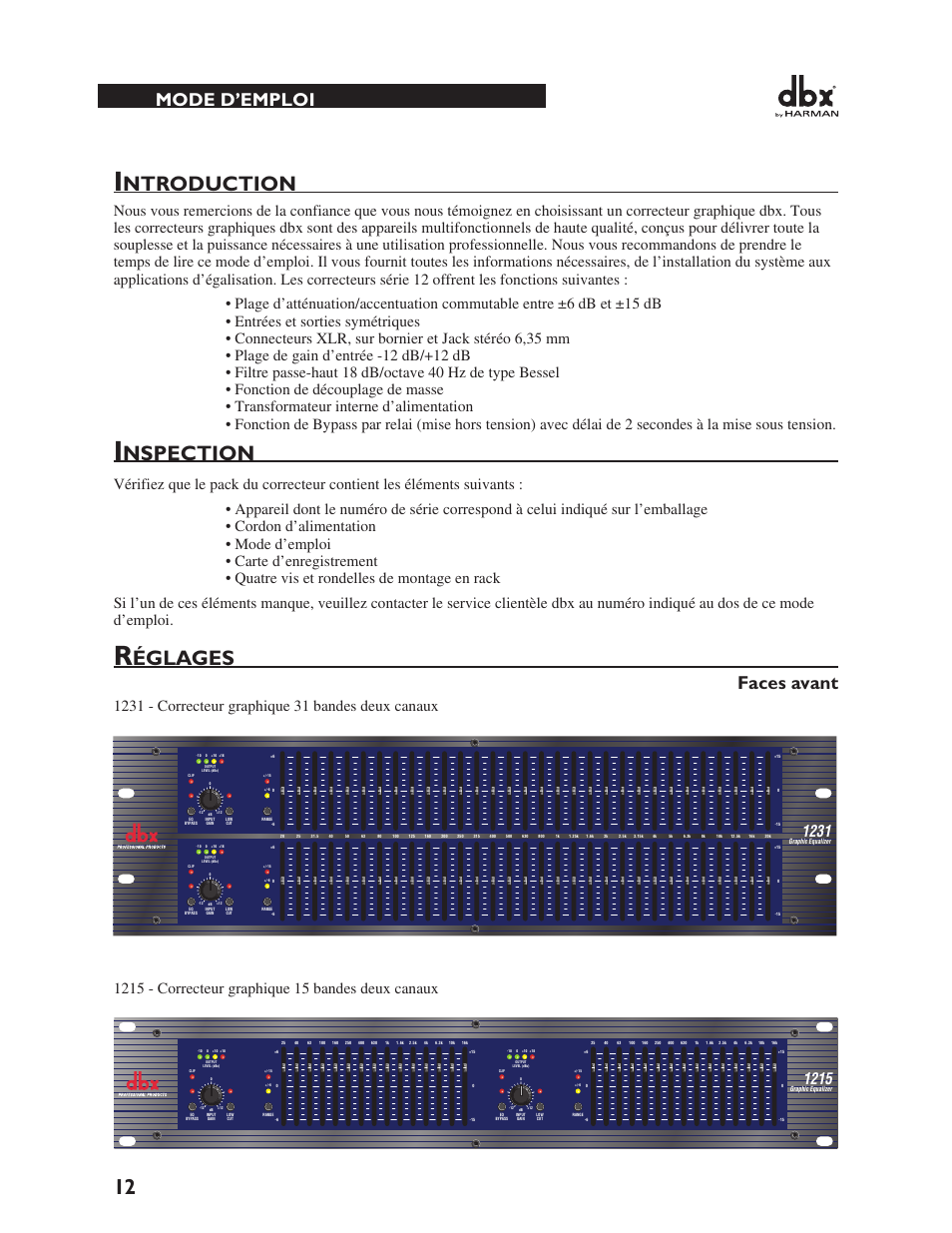 Ntroduction, Nspection, Églages | Faces avant, Mode d’emploi | dbx 1231 Equalizer User Manual | Page 16 / 44
