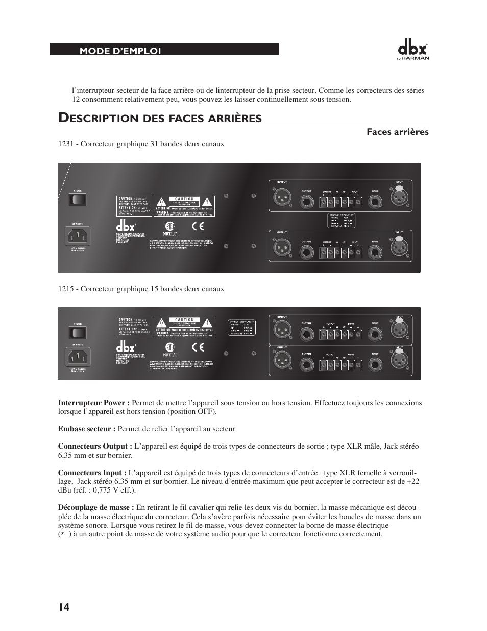 Escription, Faces, Arrières | dbx 1231 Equalizer User Manual | Page 18 / 44