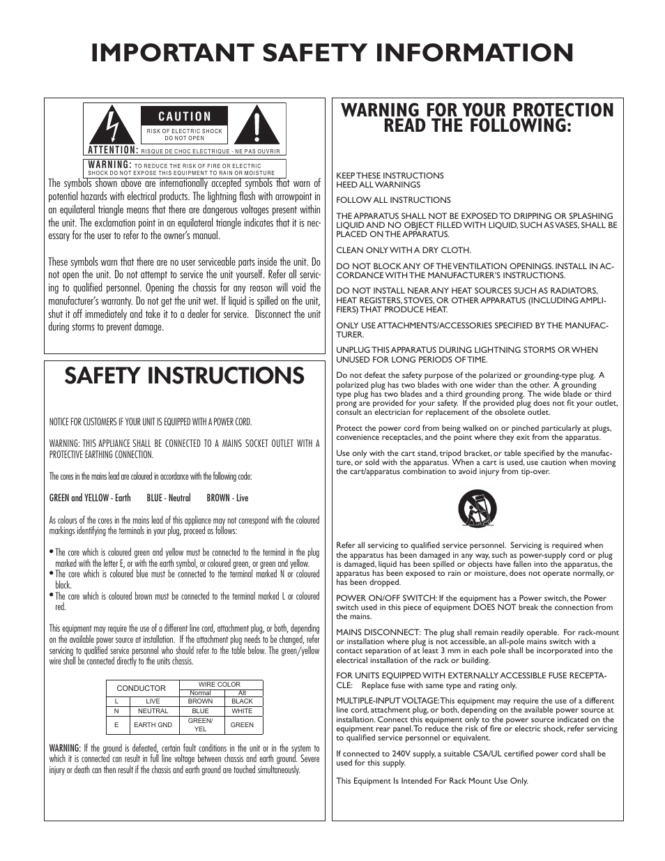 Important safety information, Safety instructions, Warning for your protection read the following | dbx 1231 Equalizer User Manual | Page 2 / 44