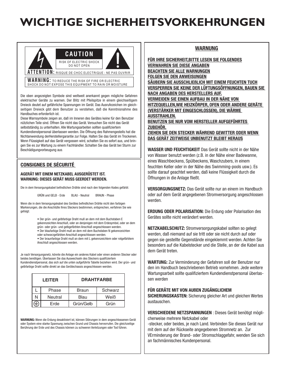 Wichtige sicherheitsvorkehrungen, Warnung, Attention | Warning, Consignes de sécurité | dbx 1231 Equalizer User Manual | Page 22 / 44