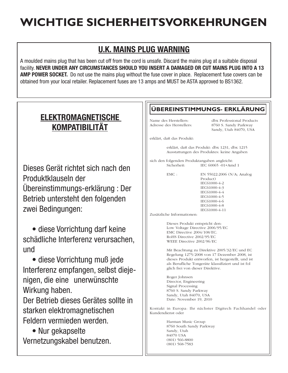 Wichtige sicherheitsvorkehrungen, U.k. mains plug warning, Übereinstimmungs- erklärung | dbx 1231 Equalizer User Manual | Page 23 / 44