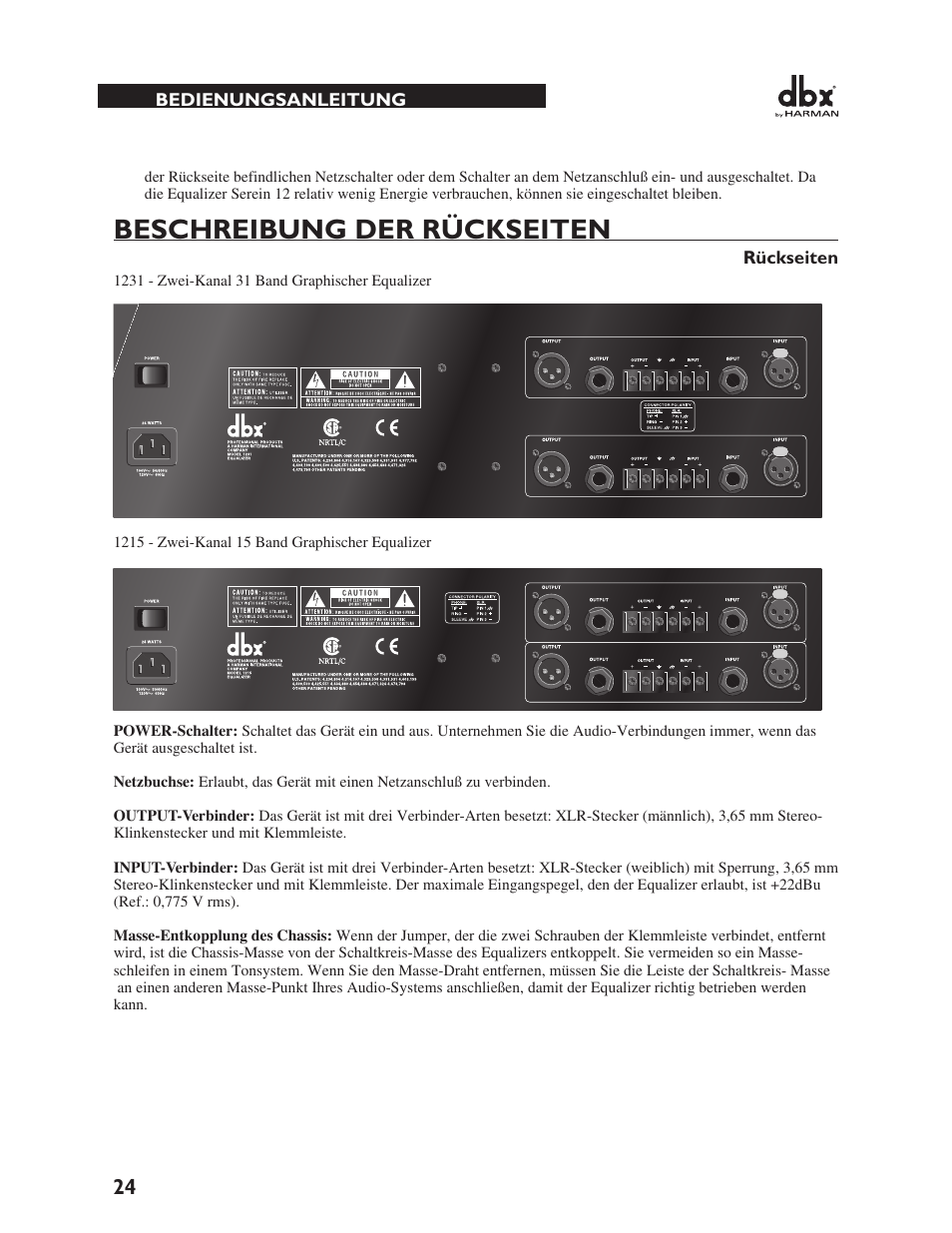 Beschreibung der rückseiten | dbx 1231 Equalizer User Manual | Page 28 / 44