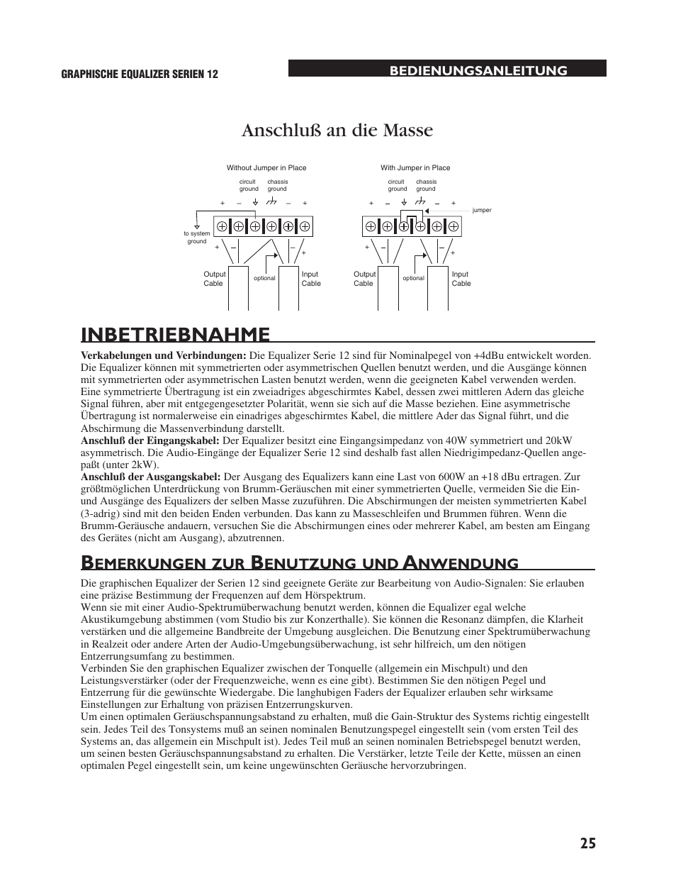 Anschluß an die masse inbetriebnahme, Emerkungen, Enutzung | Nwendung | dbx 1231 Equalizer User Manual | Page 29 / 44