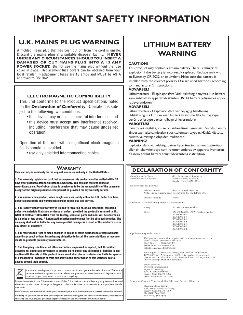 Important safety information, Lithium battery warning, U.k. mains plug warning | Declaration of conformity | dbx 1231 Equalizer User Manual | Page 3 / 44