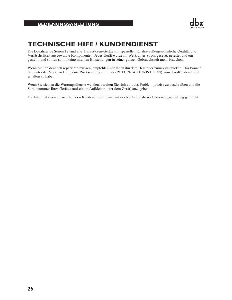 Technische hife / kundendienst | dbx 1231 Equalizer User Manual | Page 30 / 44