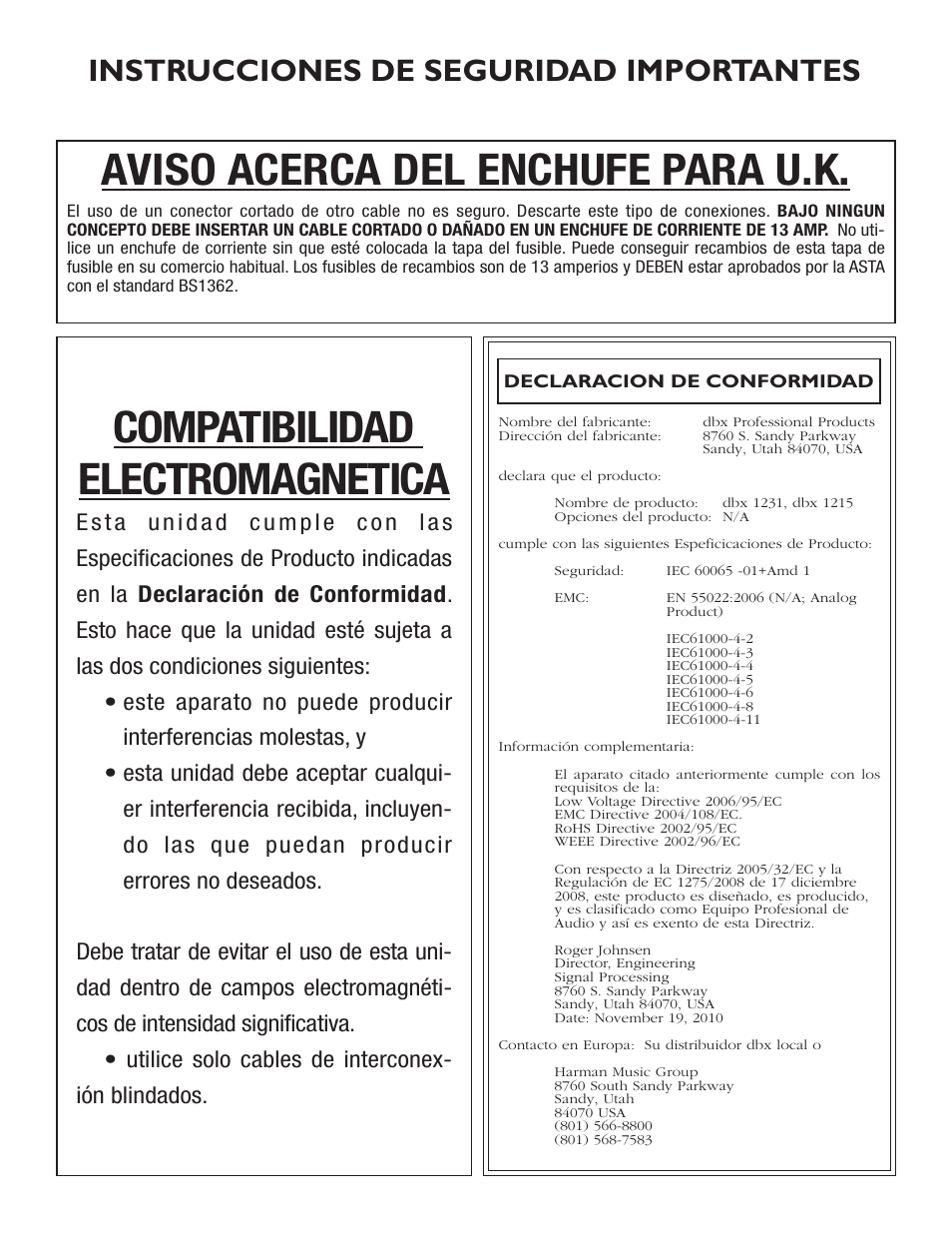 Aviso acerca del enchufe para u.k, Compatibilidad electromagnetica, Instrucciones de seguridad importantes | dbx 1231 Equalizer User Manual | Page 33 / 44