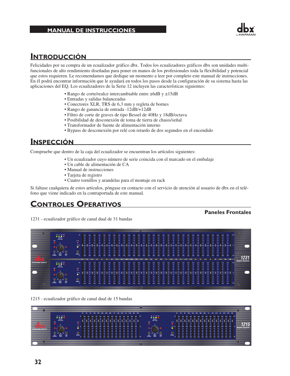 Ntroducción, Nspección, Ontroles | Perativos, Paneles frontales, Manual de instrucciones | dbx 1231 Equalizer User Manual | Page 36 / 44