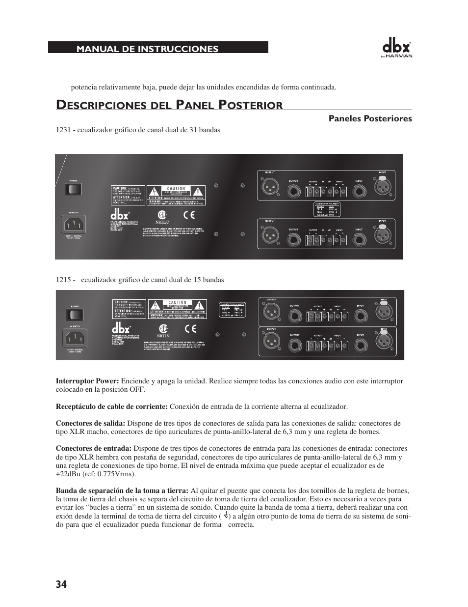 Escripciones, Anel, Osterior | dbx 1231 Equalizer User Manual | Page 38 / 44