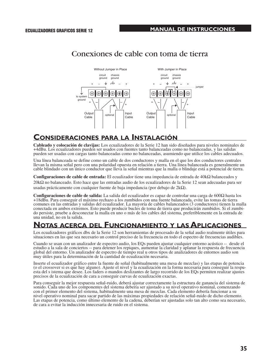 Conexiones de cable con toma de tierra c, Onsideraciones, Para | Nstalación, Otas, Acerca, Uncionamiento, Plicaciones | dbx 1231 Equalizer User Manual | Page 39 / 44