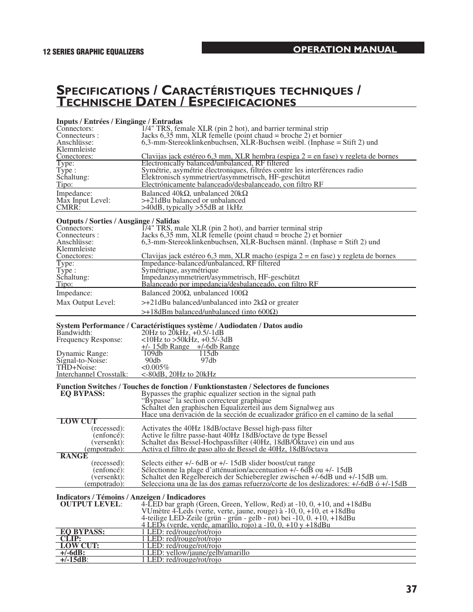 Pecifications, Aractéristiques, Techniques | Echnische, Aten, Specificaciones | dbx 1231 Equalizer User Manual | Page 41 / 44