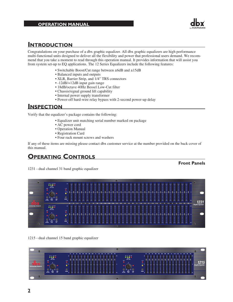 Ntroduction, Nspection, Perating | Ontrols, Front panels, Operation manual | dbx 1231 Equalizer User Manual | Page 6 / 44