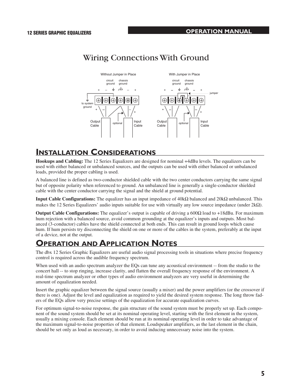 Wiring connections with ground i, Nstallation, Onsiderations | Peration, Pplication, Otes | dbx 1231 Equalizer User Manual | Page 9 / 44