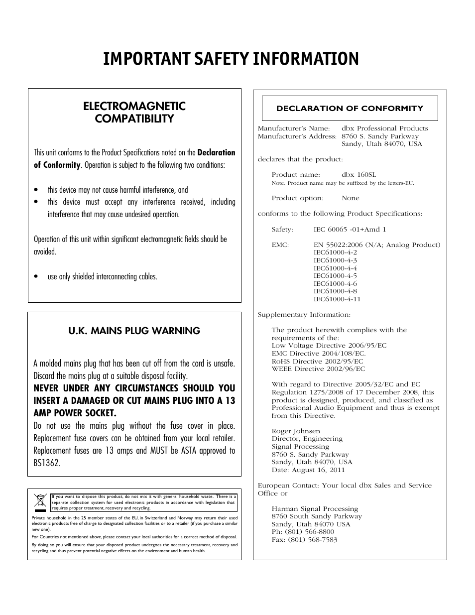 Important safety information, Electromagnetic compatibility | dbx 160SL User Manual | Page 3 / 32