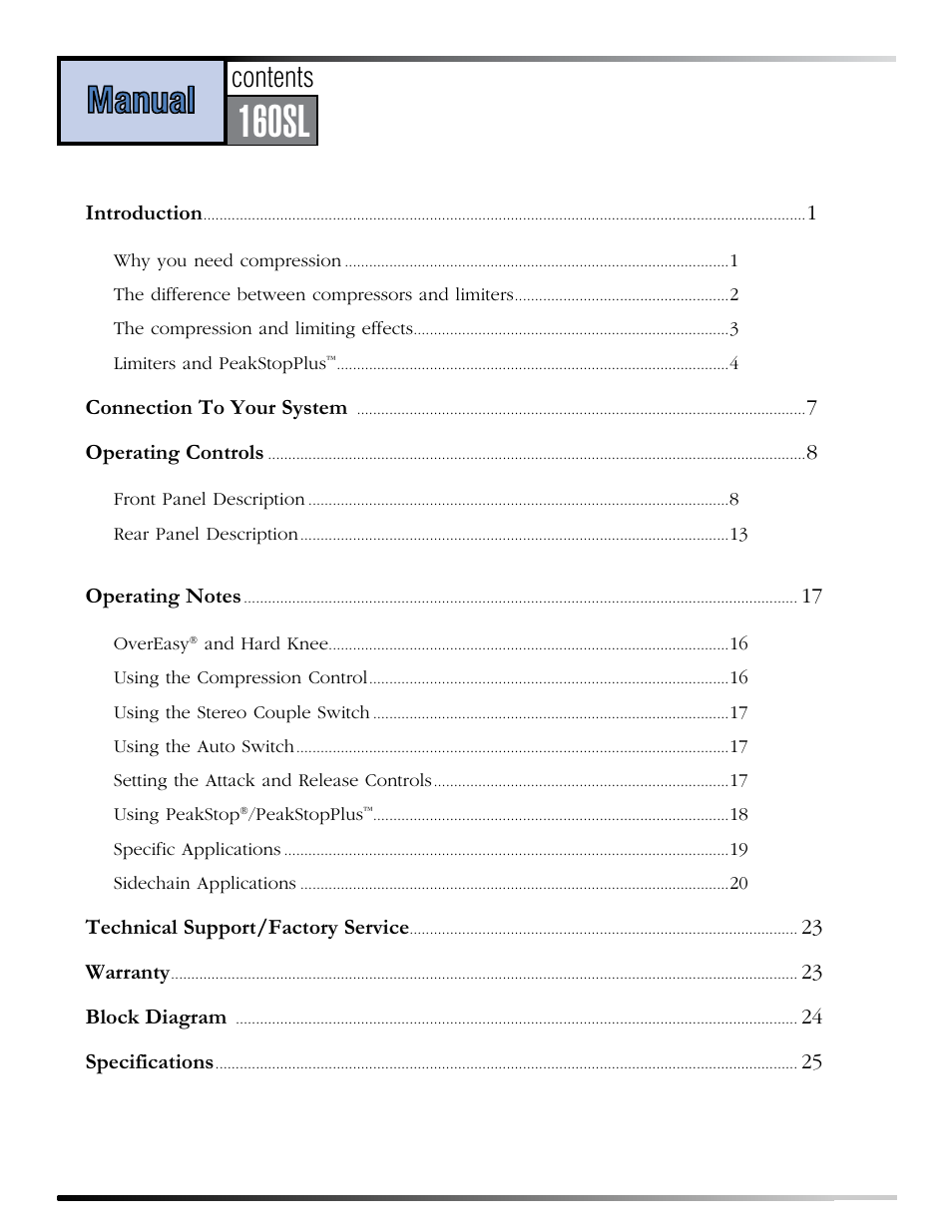 Series, 160s, 160sl | Operations, Technical, Manual | dbx 160SL User Manual | Page 4 / 32