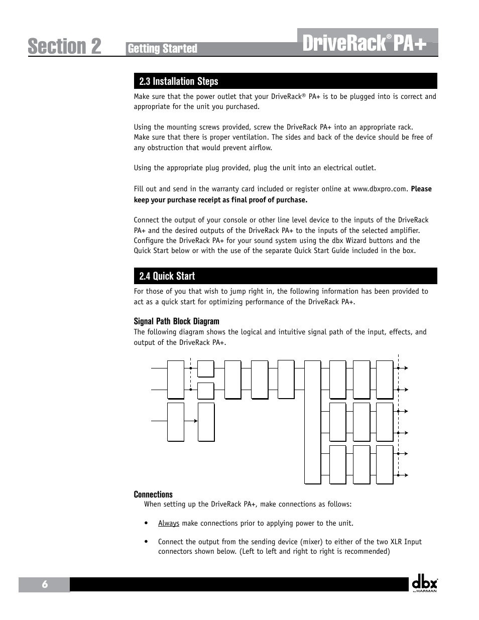 Driverack, Getting started, 3 installation steps | 4 quick start, Signal path block diagram, Connections | dbx DriveRack PA+ User Manual | Page 10 / 40