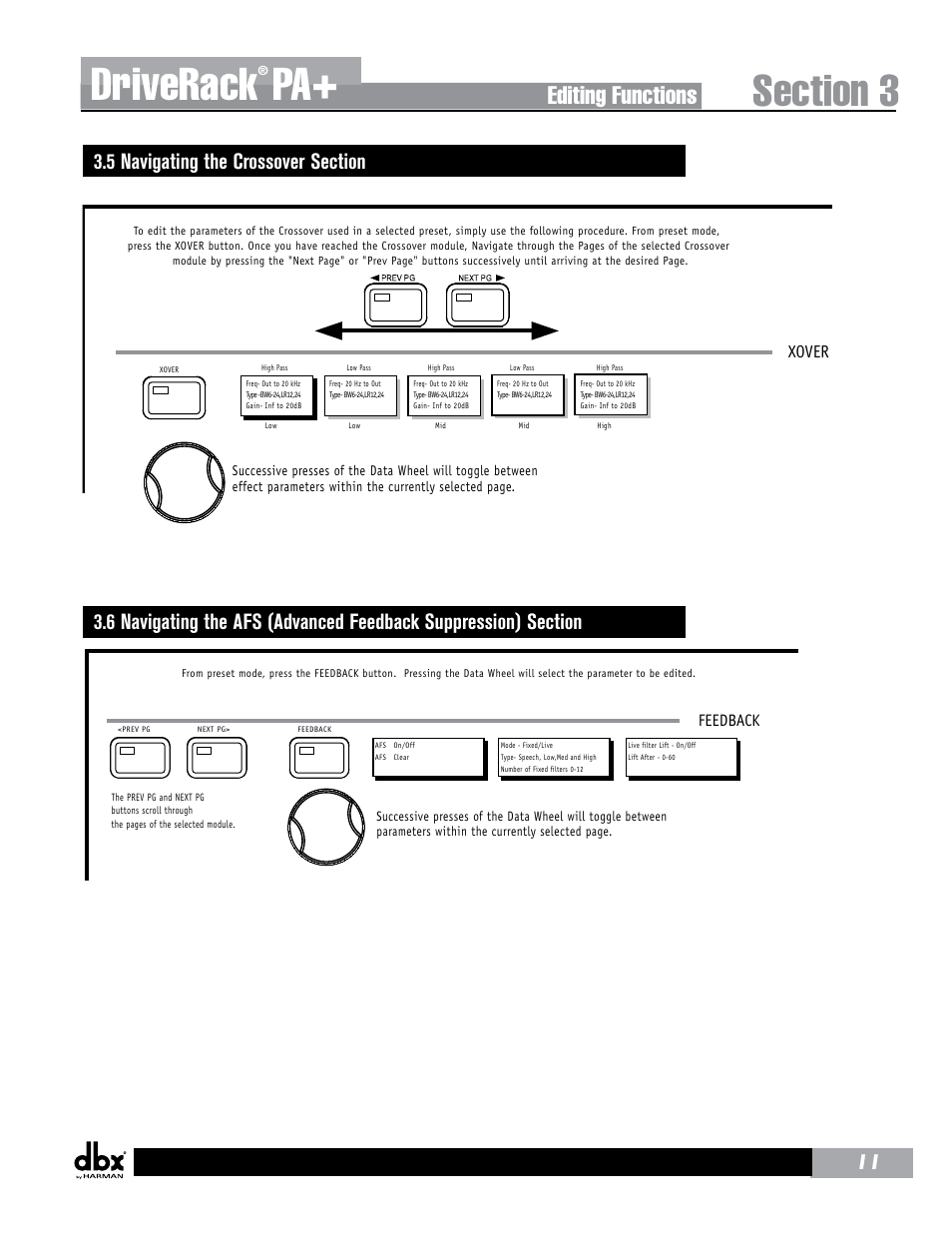 Driverack, Editing functions, Xover | dbx DriveRack PA+ User Manual | Page 15 / 40