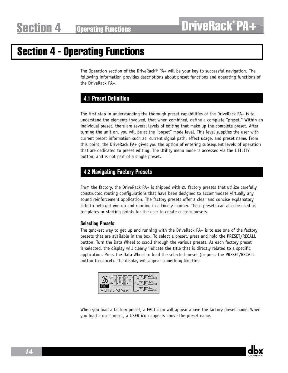 Driverack, Operating functions, 1 preset definition | 2 navigating factory presets | dbx DriveRack PA+ User Manual | Page 18 / 40