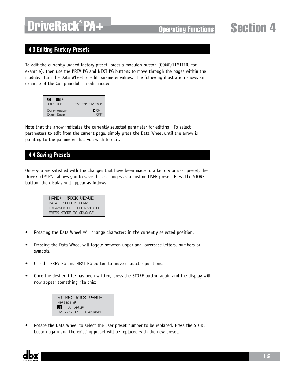 Driverack, Operating functions, 3 editing factory presets | 4 saving presets | dbx DriveRack PA+ User Manual | Page 19 / 40