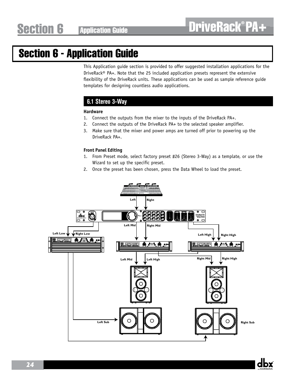 Driverack, Application guide, 1 stereo 3-way | dbx DriveRack PA+ User Manual | Page 28 / 40