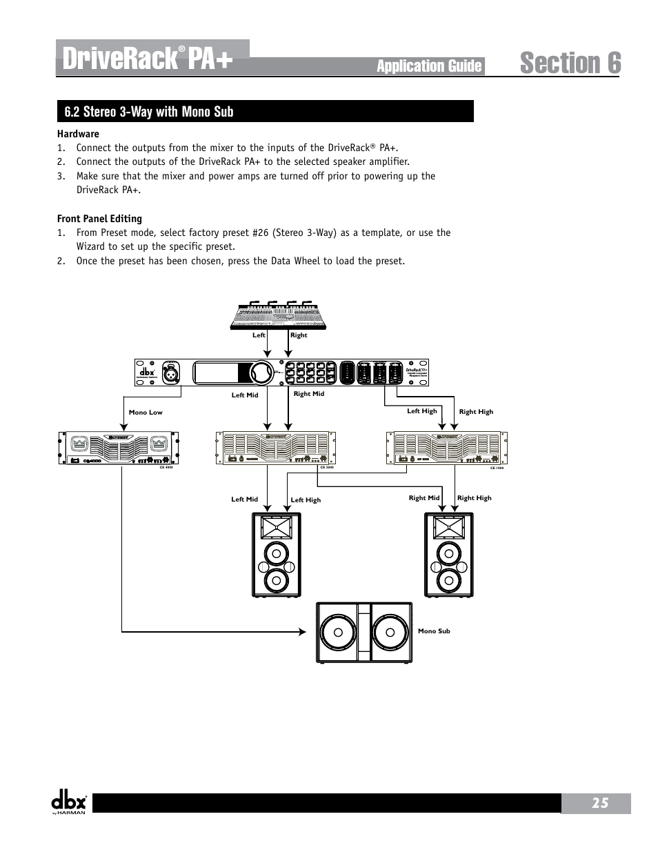 Driverack, Application guide, 2 stereo 3-way with mono sub | dbx DriveRack PA+ User Manual | Page 29 / 40