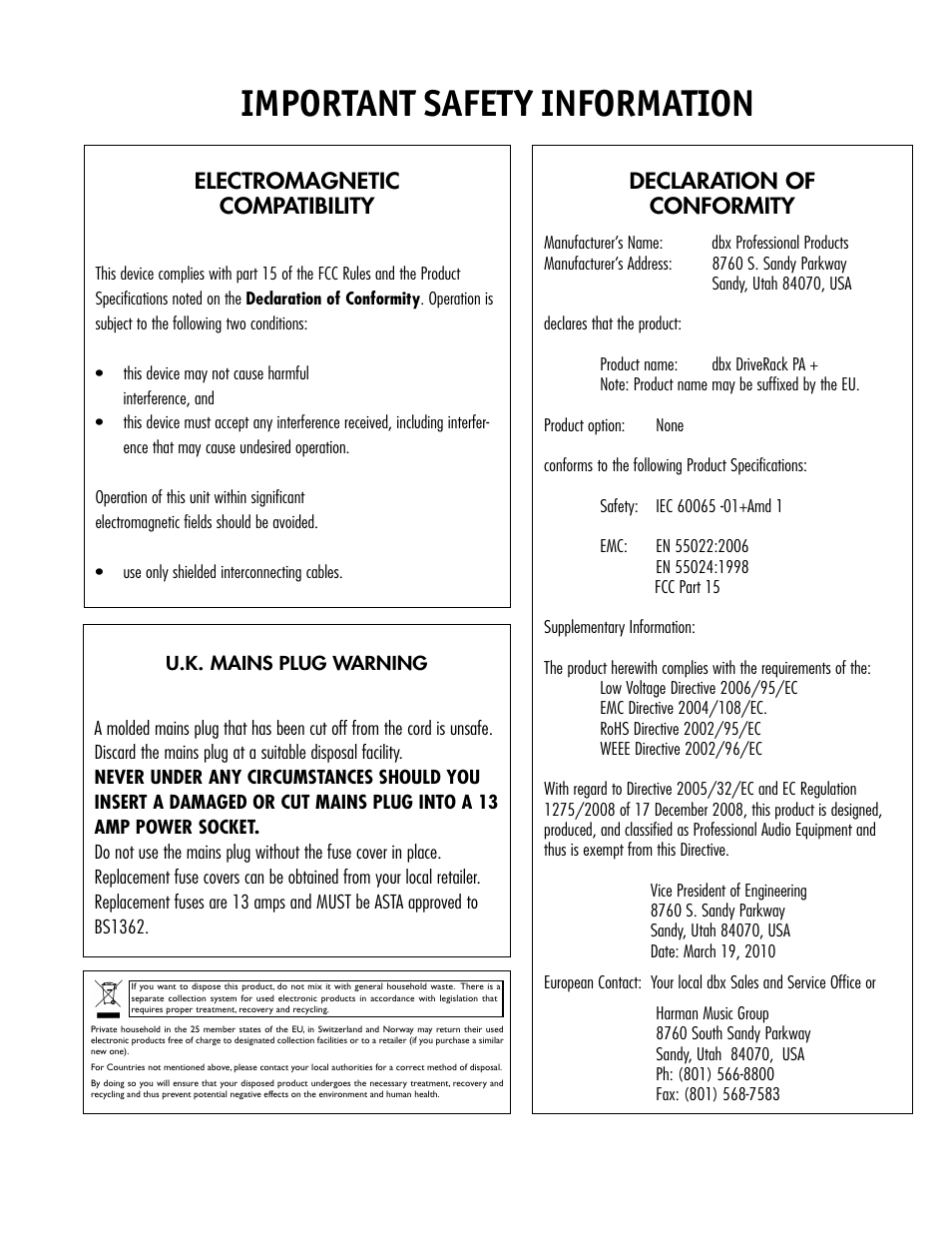 Important safety information, Declaration of conformity, Electromagnetic compatibility | dbx DriveRack PA+ User Manual | Page 3 / 40