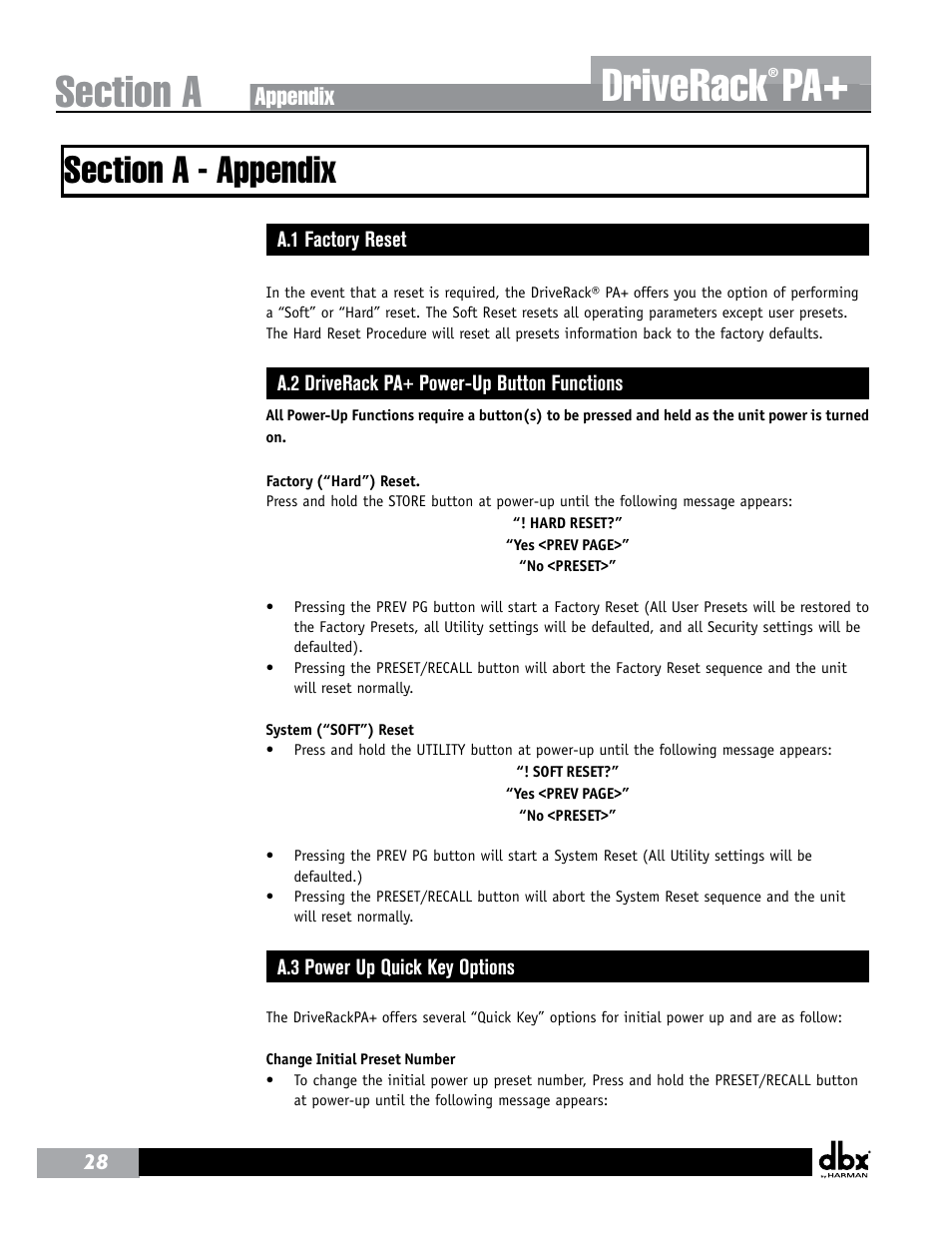 Driverack, Appendix | dbx DriveRack PA+ User Manual | Page 32 / 40