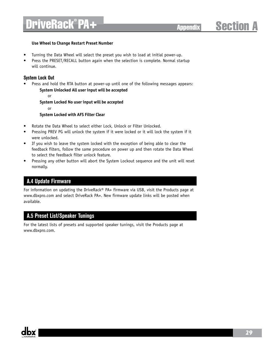 Driverack, Appendix | dbx DriveRack PA+ User Manual | Page 33 / 40